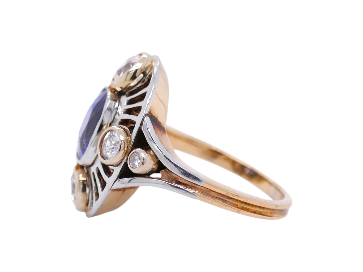 Art Deco 14k White & Yellow Gold Blue Sapphire & Diamond Engagement Ring