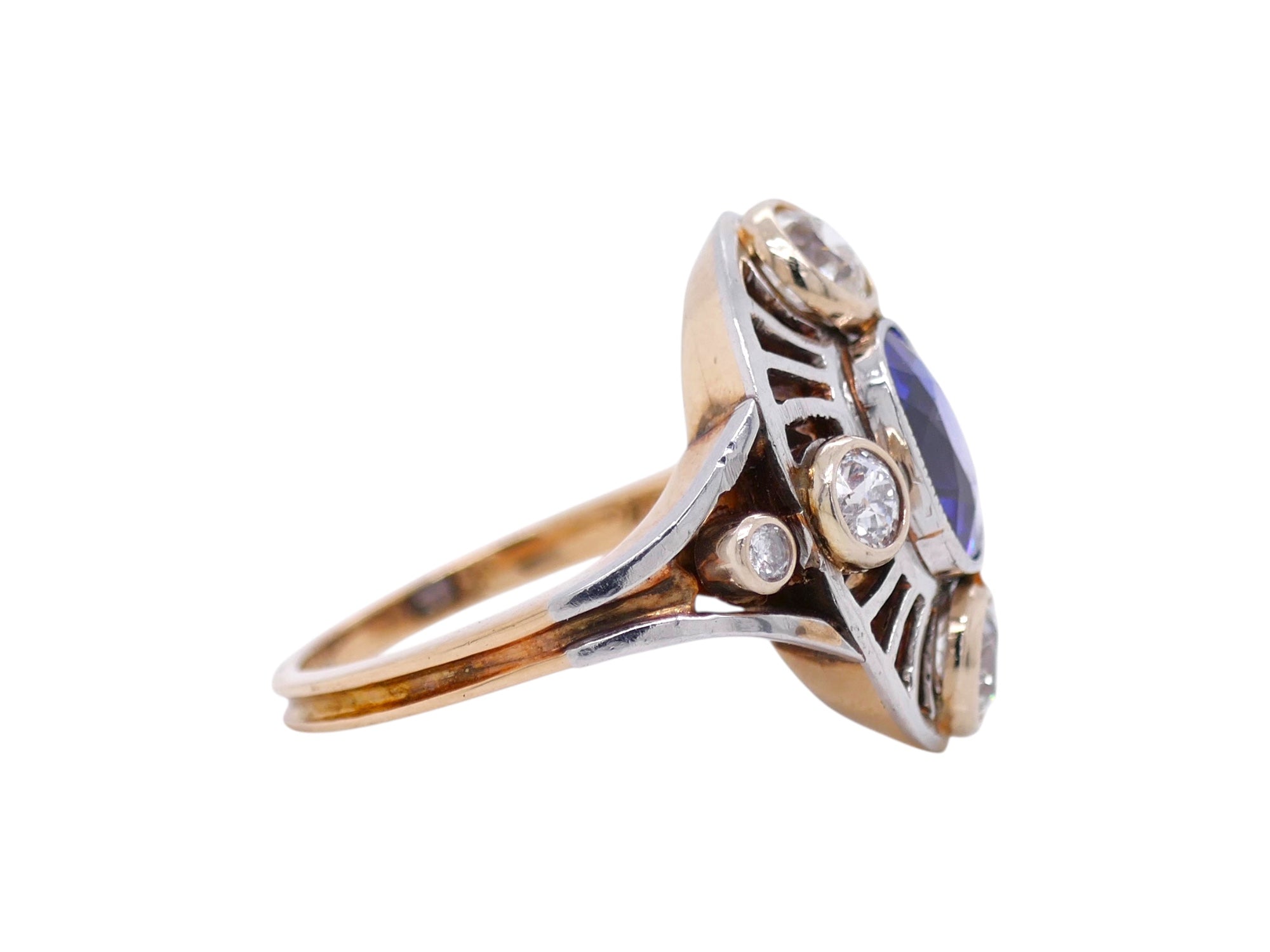 Art Deco 14k White & Yellow Gold Blue Sapphire & Diamond Engagement Ring