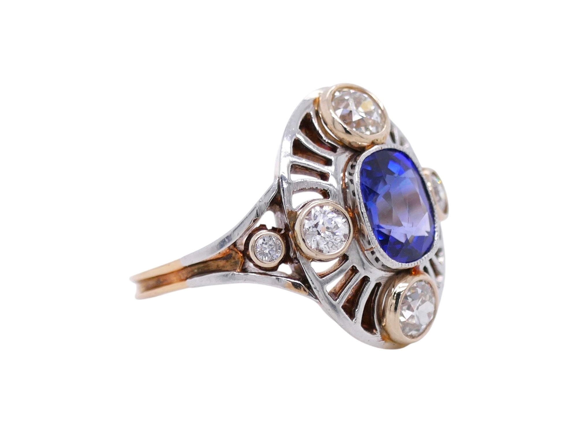 Art Deco 14k White & Yellow Gold Blue Sapphire & Diamond Engagement Ring