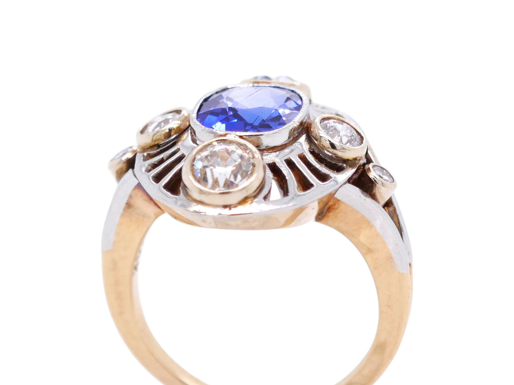 Art Deco 14k White & Yellow Gold Blue Sapphire & Diamond Engagement Ring