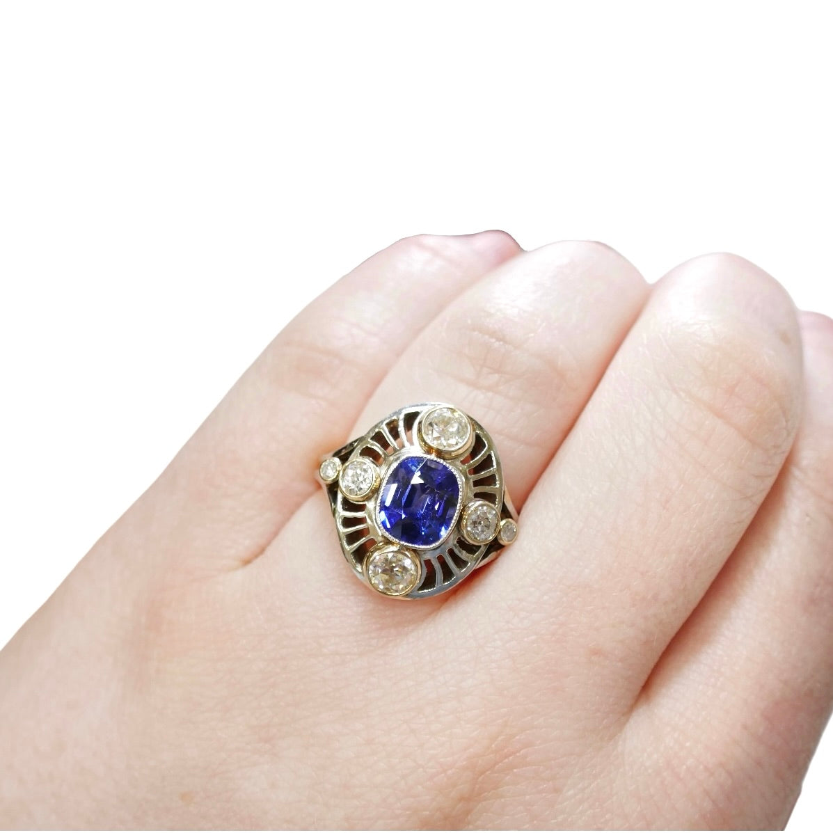 Art Deco 14k White & Yellow Gold Blue Sapphire & Diamond Engagement Ring