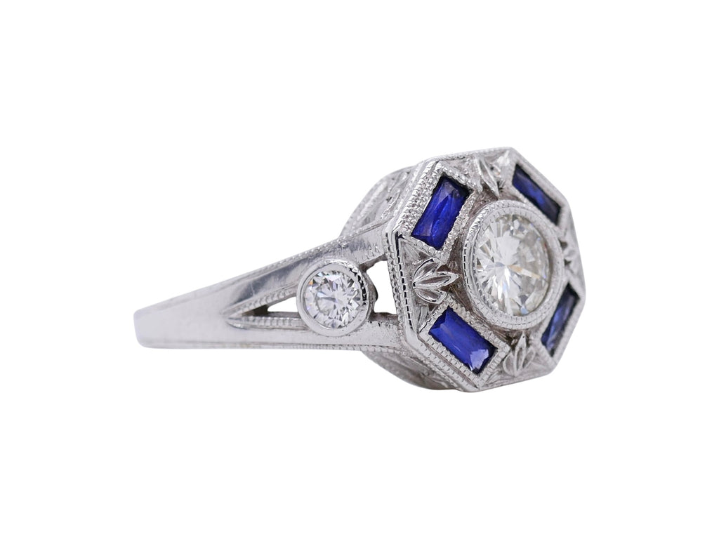 Vintage-Inspired 14K White Gold Diamond & Sapphire Ring Sz 7.25 – Art Deco Style