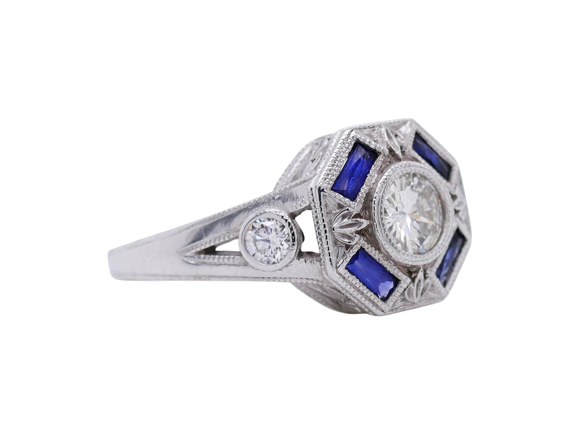 Vintage-Inspired 14K White Gold Diamond & Sapphire Ring Sz 7.25 – Art Deco Style