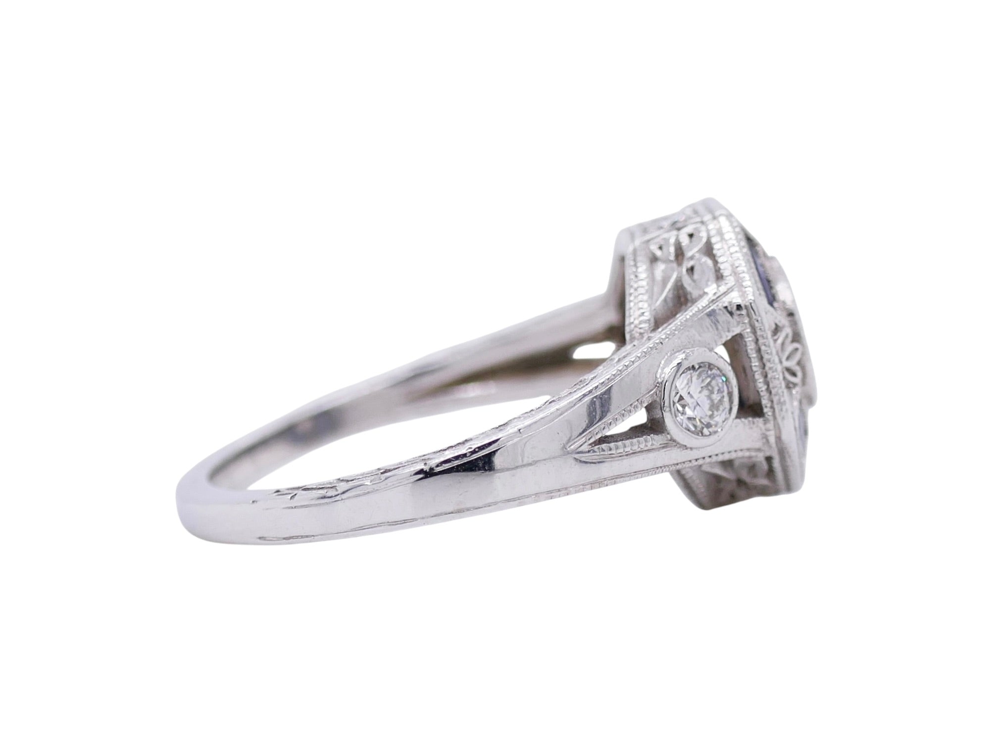 Vintage-Inspired 14K White Gold Diamond & Sapphire Ring Sz 7.25 – Art Deco Style