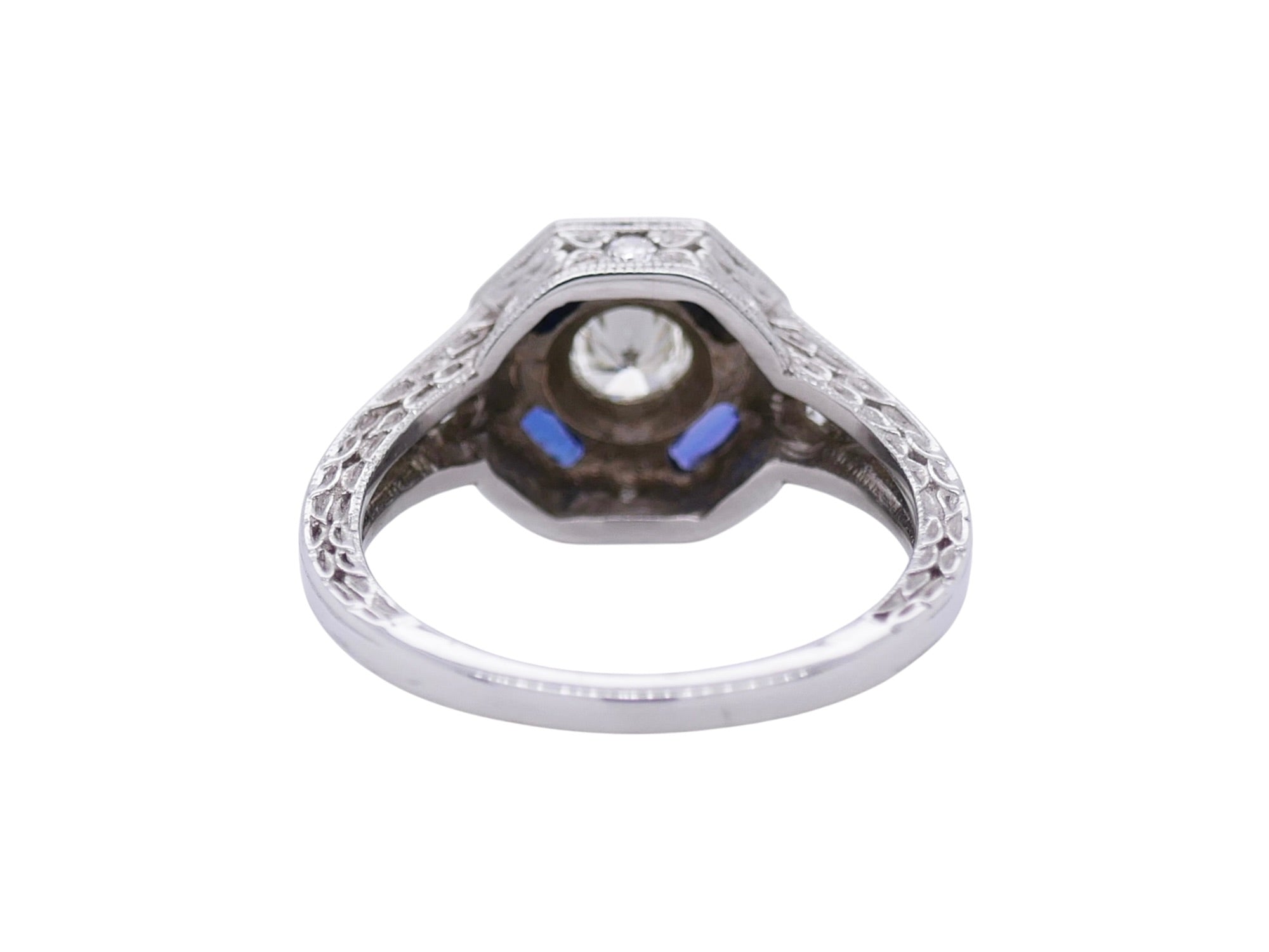 Vintage-Inspired 14K White Gold Diamond & Sapphire Ring Sz 7.25 – Art Deco Style