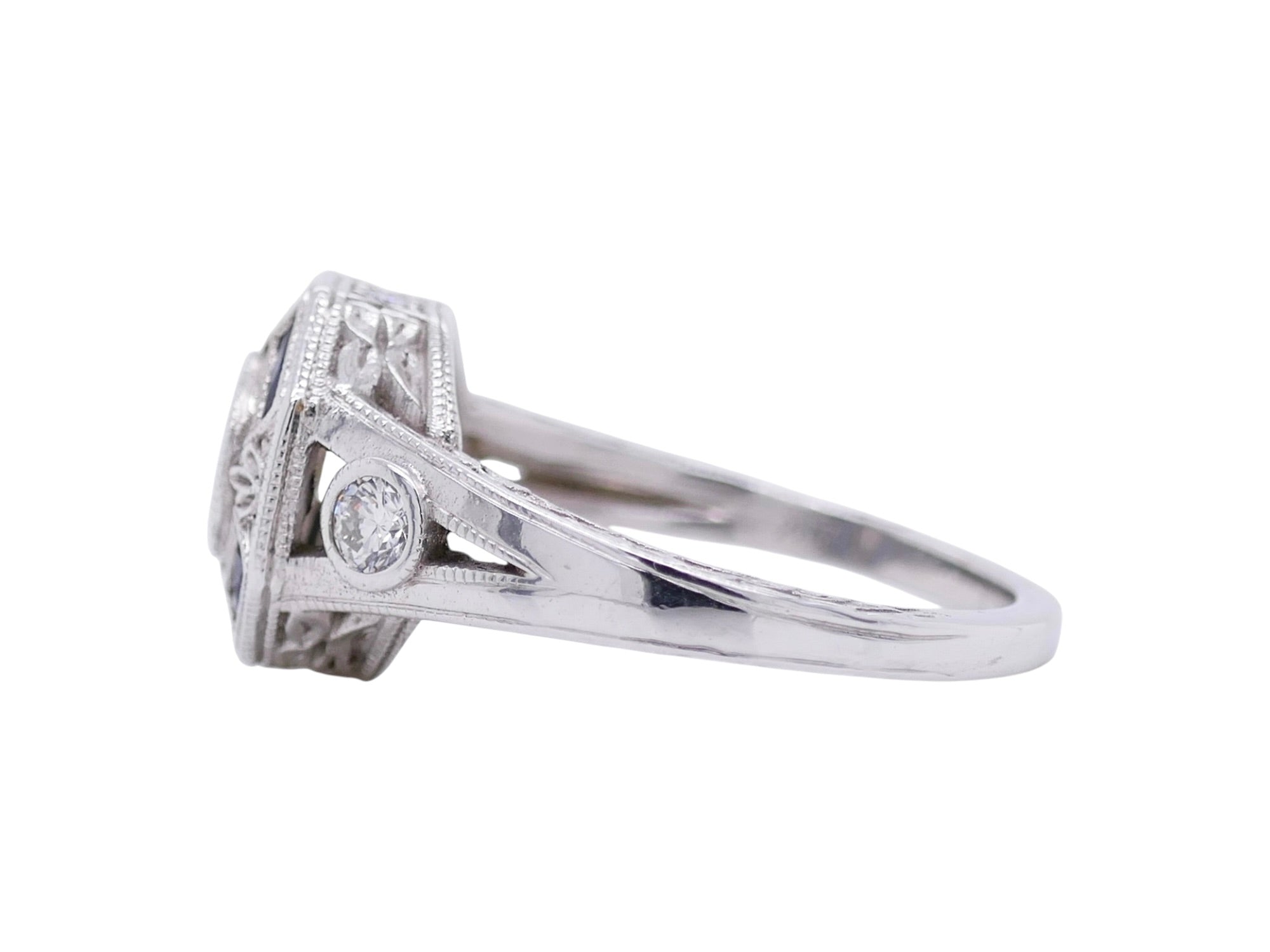 Vintage-Inspired 14K White Gold Diamond & Sapphire Ring Sz 7.25 – Art Deco Style
