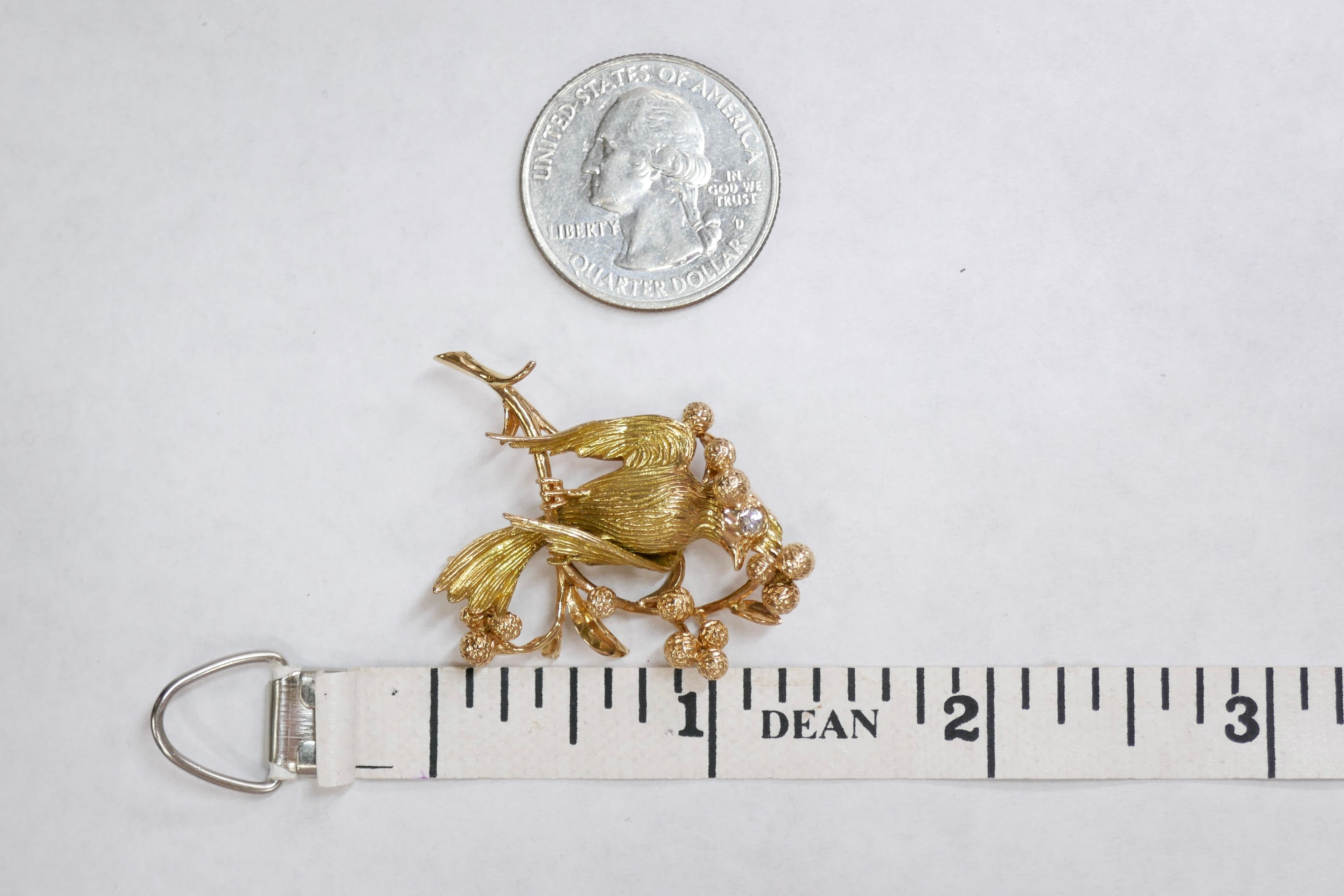 18K Yellow Gold Bird Brooch with Diamond Accent