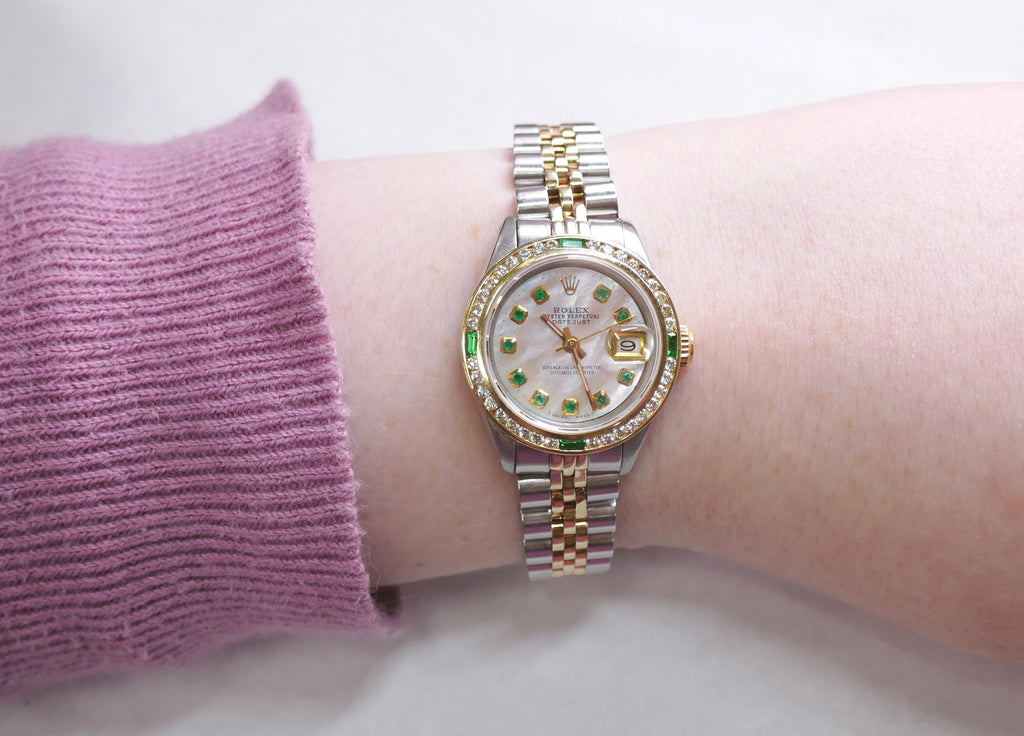 Rolex Oyster Perpetual Datejust 69173–18k Gold & Steel–Diamond & Emerald Bezel
