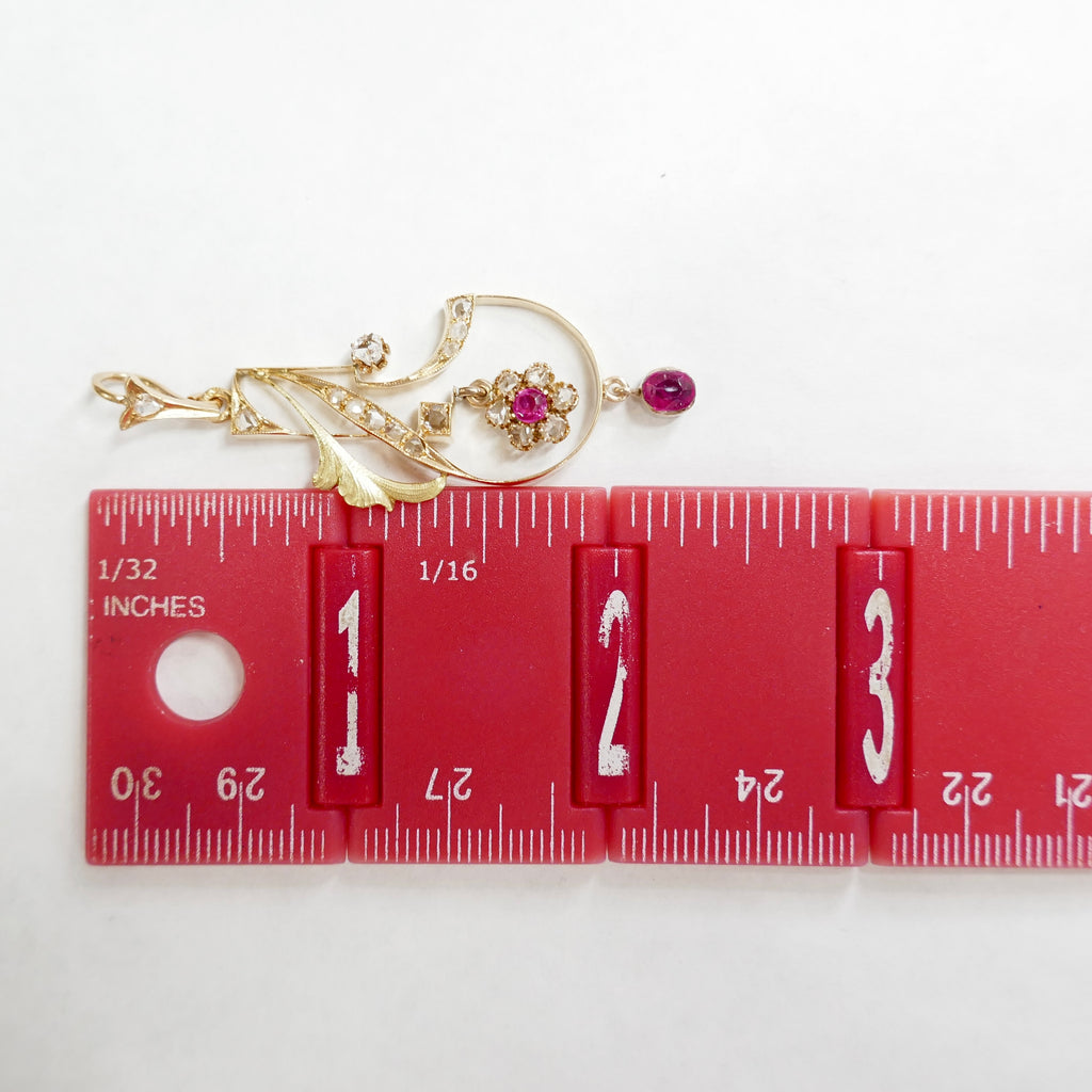 Antique 14K Yellow & Rose Gold Diamond & Lab Created Ruby Pendant