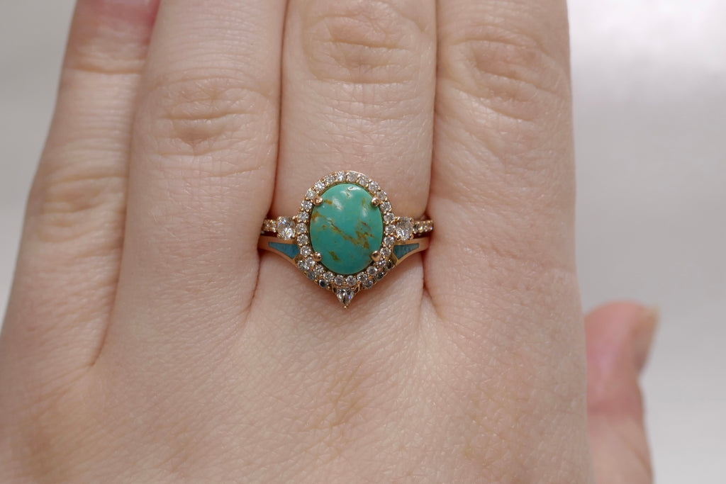 14k Rose Gold Turquoise & Diamond Two Ring Set Size 8.5