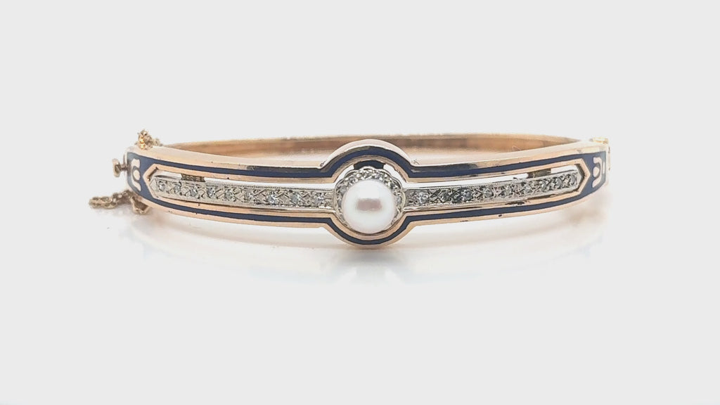 Victorian 14K Gold Bangle Bracelet Pearl & Diamond Blue Enamel Detailing