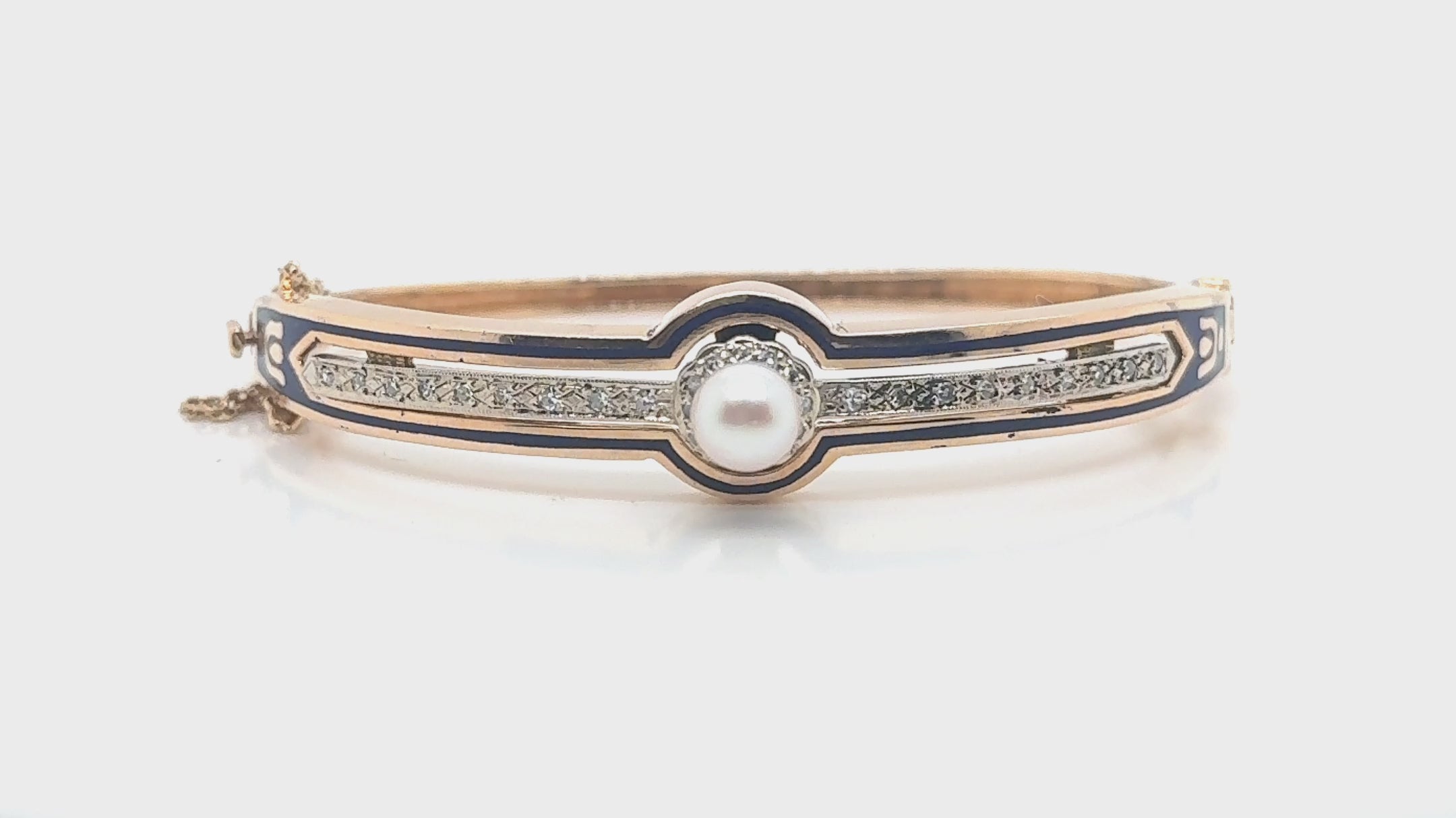 Victorian 14K Gold Bangle Bracelet Pearl & Diamond Blue Enamel Detailing