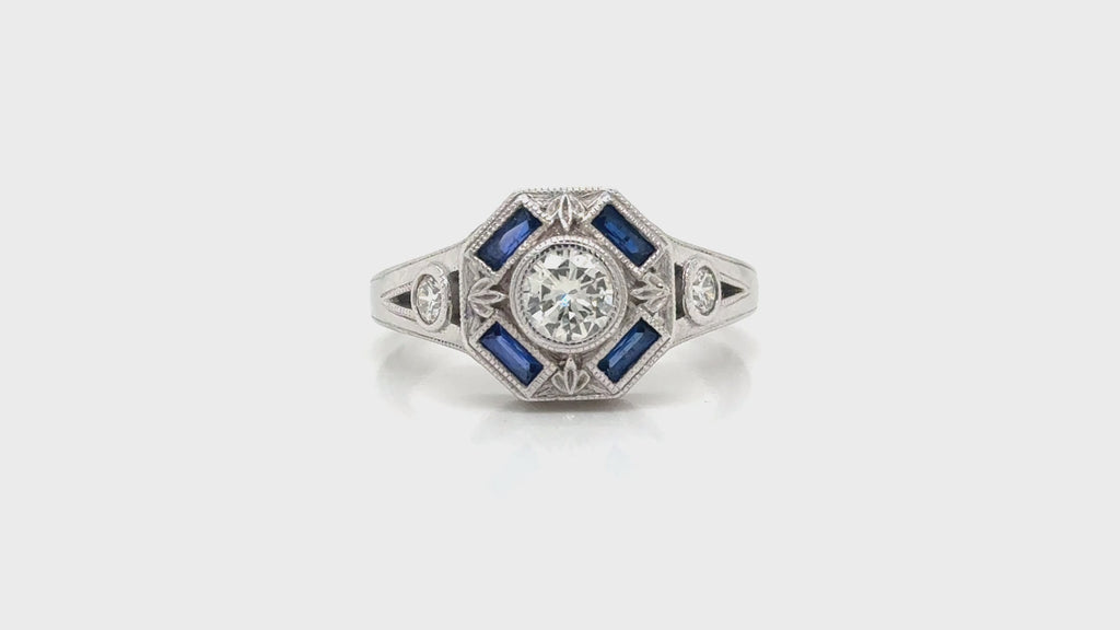 Vintage-Inspired 14K White Gold Diamond & Sapphire Ring Sz 7.25 – Art Deco Style