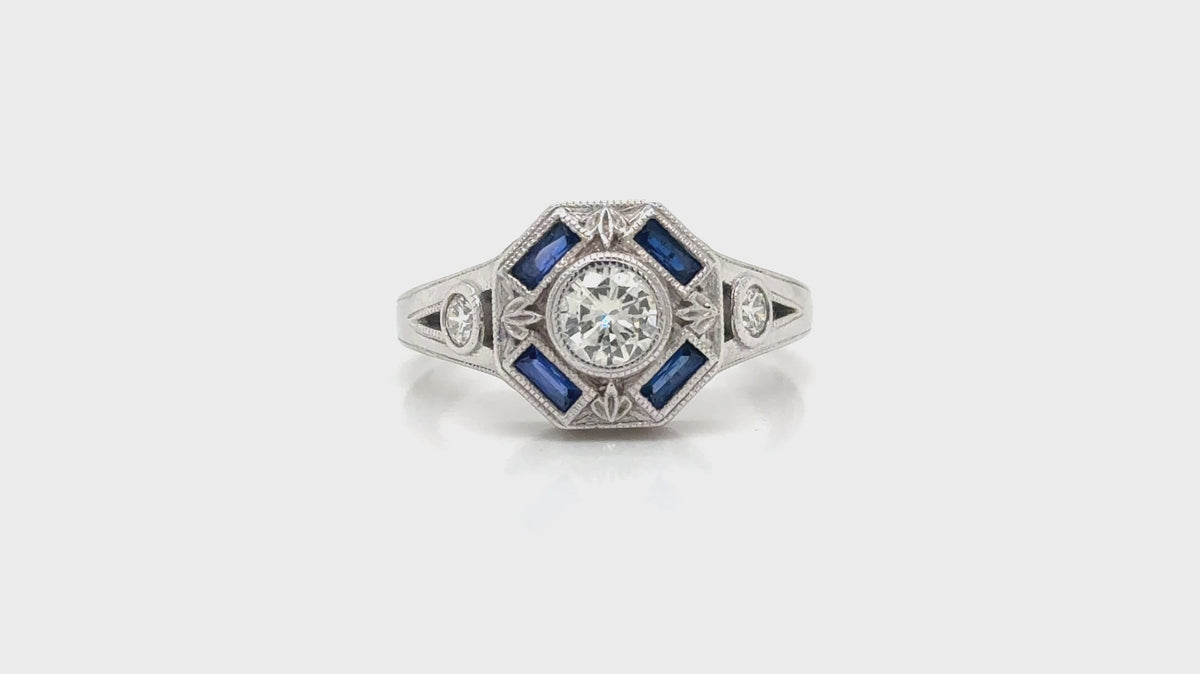 Vintage-Inspired 14K White Gold Diamond & Sapphire Ring Sz 7.25 – Art Deco Style