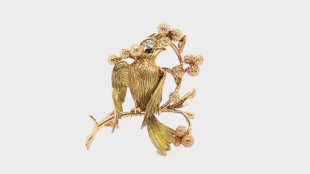 18K Yellow Gold Bird Brooch with Diamond Accent