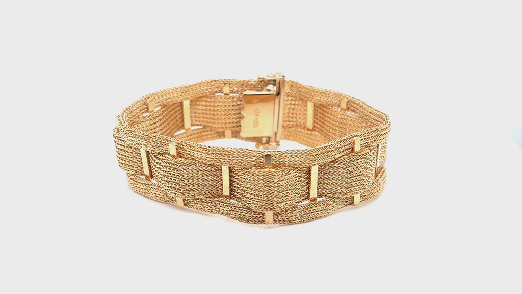 Vintage 18K Yellow Gold Wide Woven Mesh Bracelet 7 inches