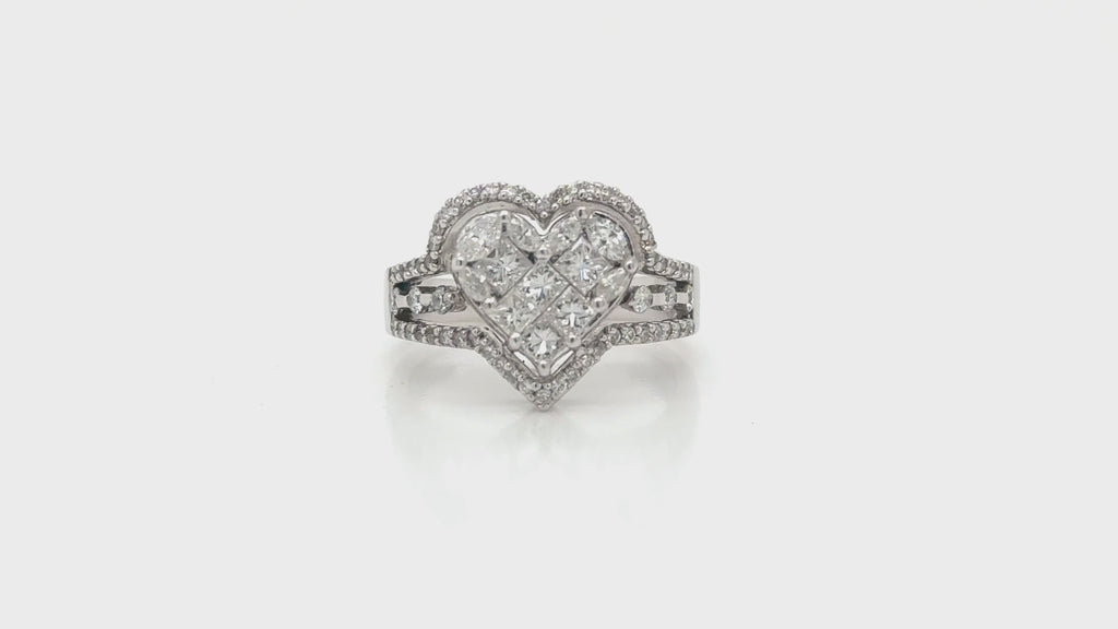 18k White Gold Heart Shaped Ring – Round, Princess, and Marquise Diamonds Sz 5.5