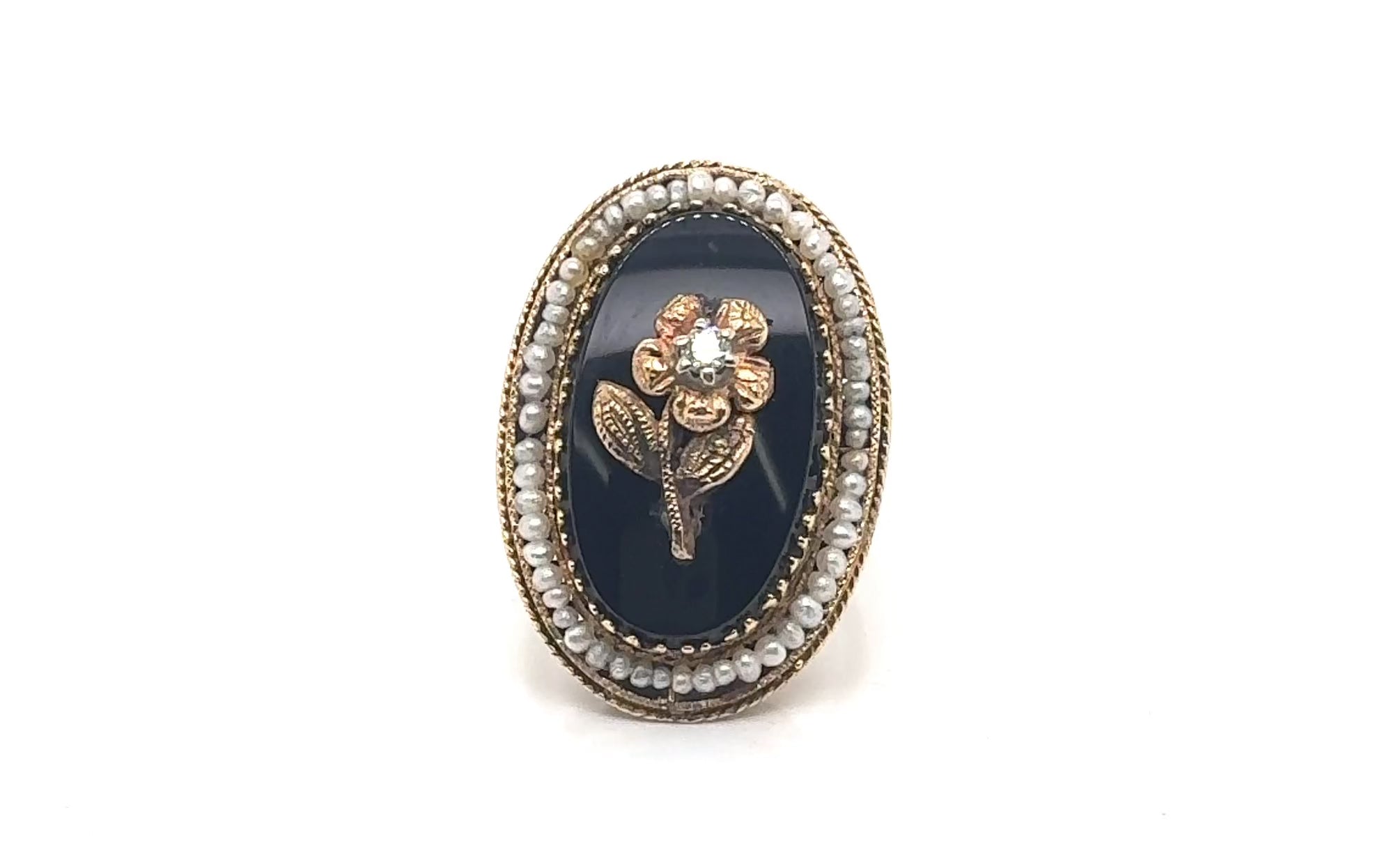 Mourning Ring 14K Yellow Gold Black Onyx Seed Pearl Size 8