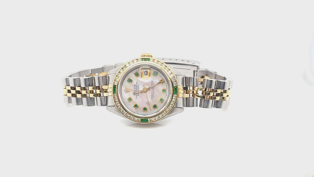 Rolex Oyster Perpetual Datejust 69173–18k Gold & Steel–Diamond & Emerald Bezel