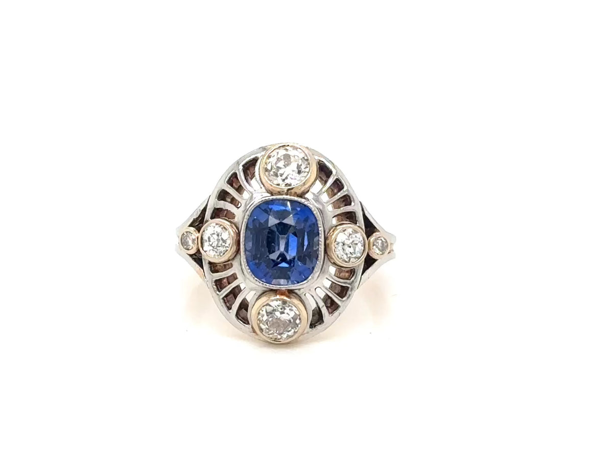 Art Deco 14k White & Yellow Gold Blue Sapphire & Diamond Engagement Ring