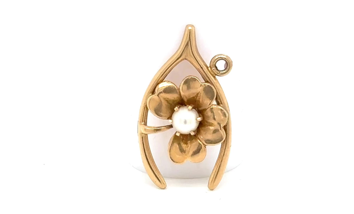 Vintage 14K Gold Wishbone & Four Leaf Clover Charm