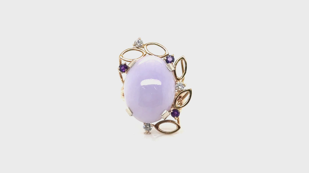 14k Gold Lavender Jade Diamond & Amethyst Ring Size 6.5