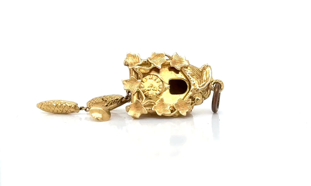 Vintage 18K Gold Cuckoo Clock Charm With Moving Weights
