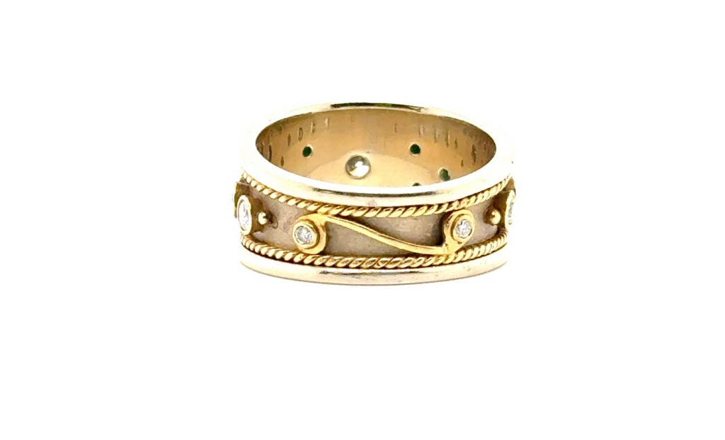 18K Yellow Gold Emerald & Diamond Wide Band Ring
