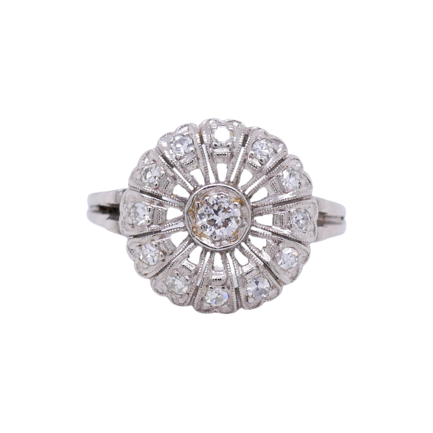 Vintage Platinum Floral Design Diamond Ring Size 6