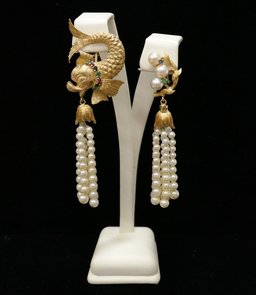 Vintage 18K Gold Pearl & Gemstone Asymetrical Fish Earrings