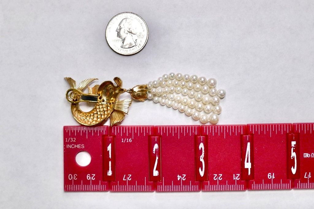 Vintage 18K Gold Pearl & Gemstone Asymetrical Fish Earrings