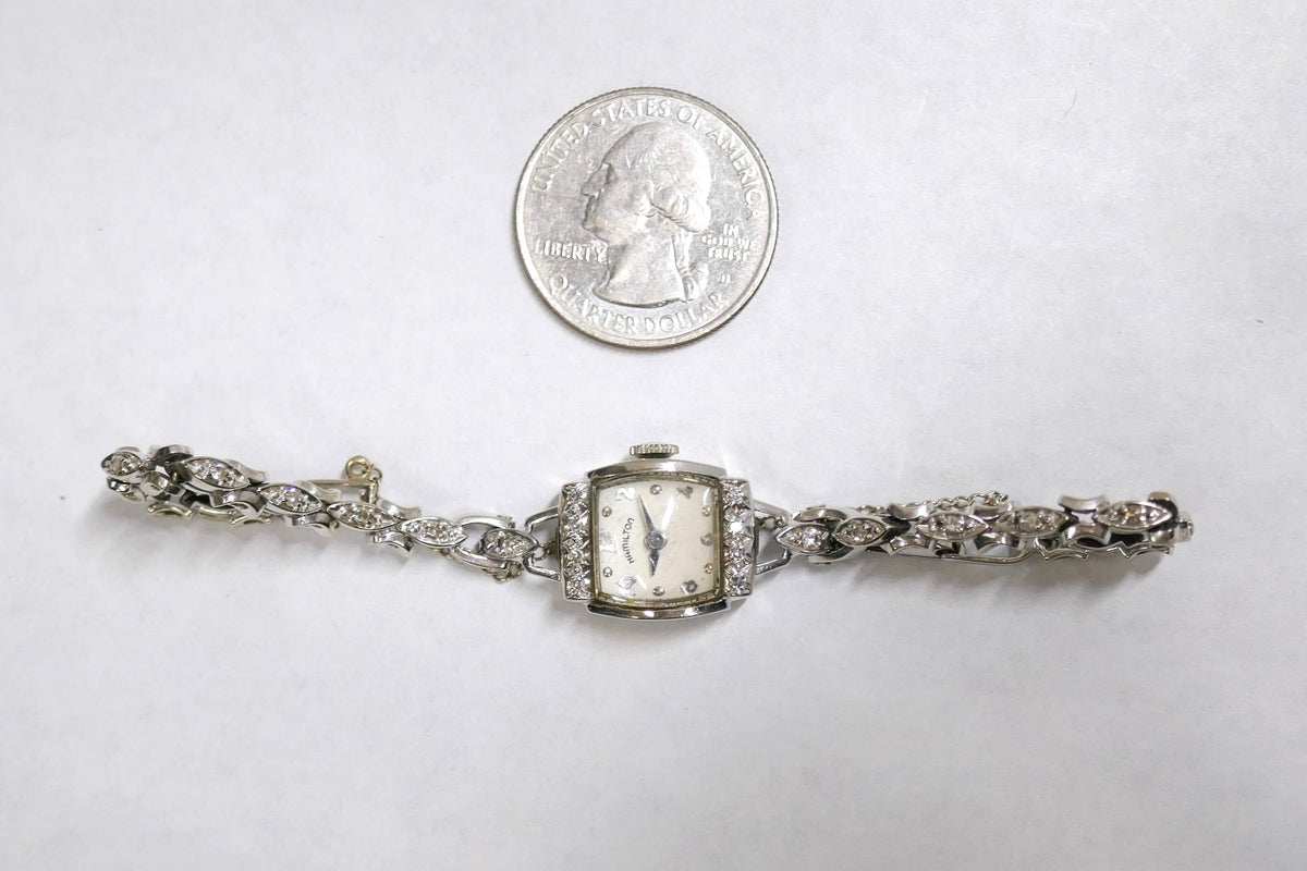 Vintage Hamilton 14K White Gold & Diamond Ladies Watch 5.9 in