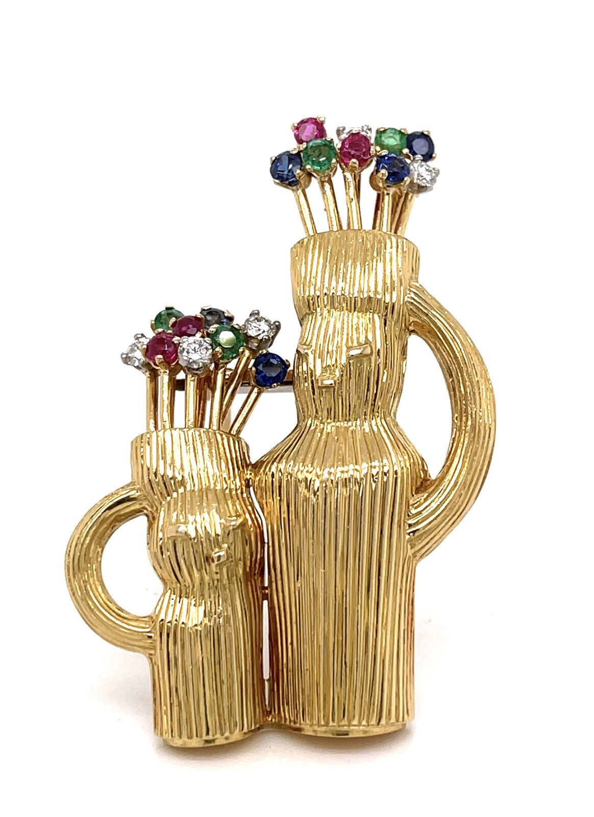 18K Gold Double Golf Bag Brooch with Multicolored Gemstones