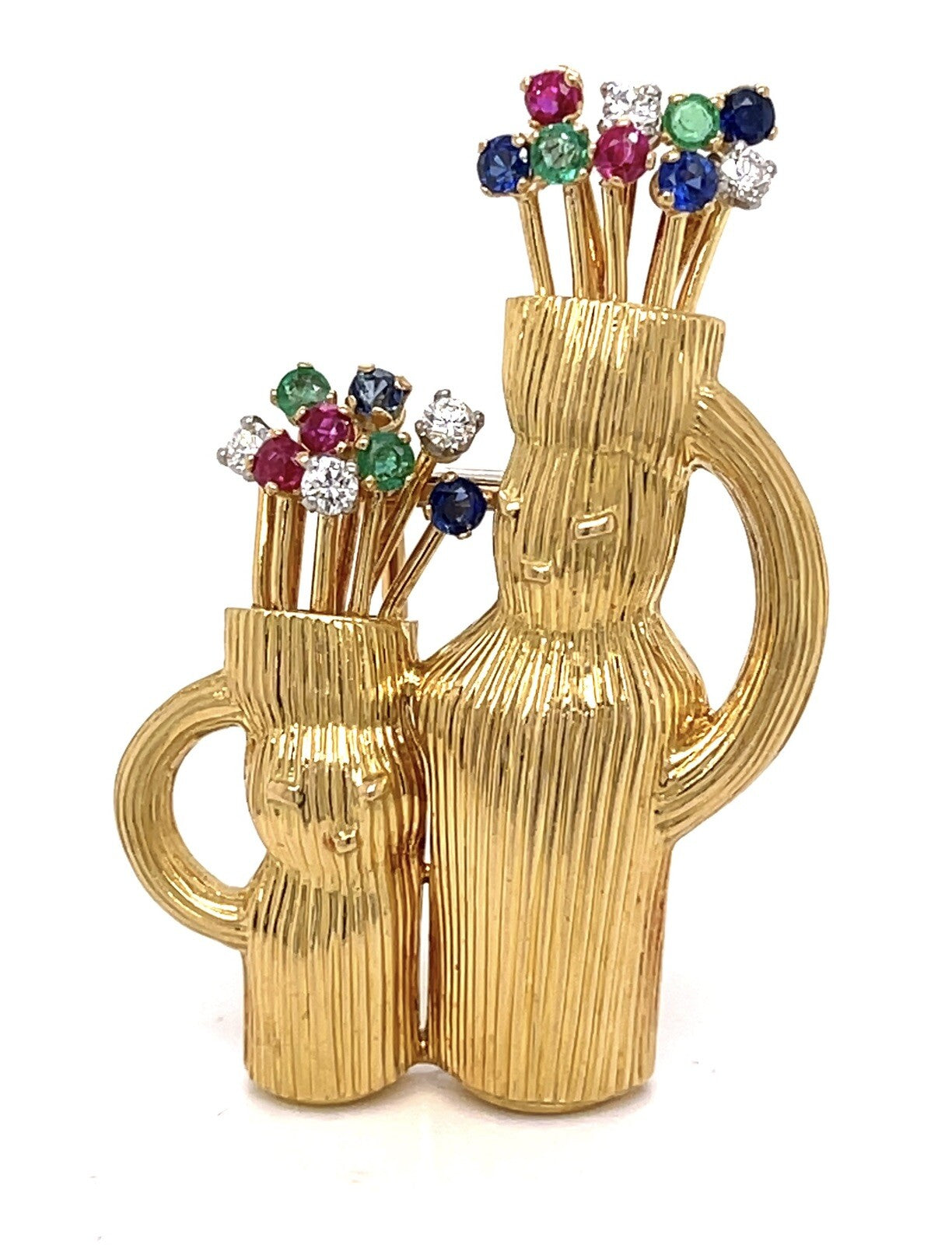 18K Gold Double Golf Bag Brooch with Multicolored Gemstones