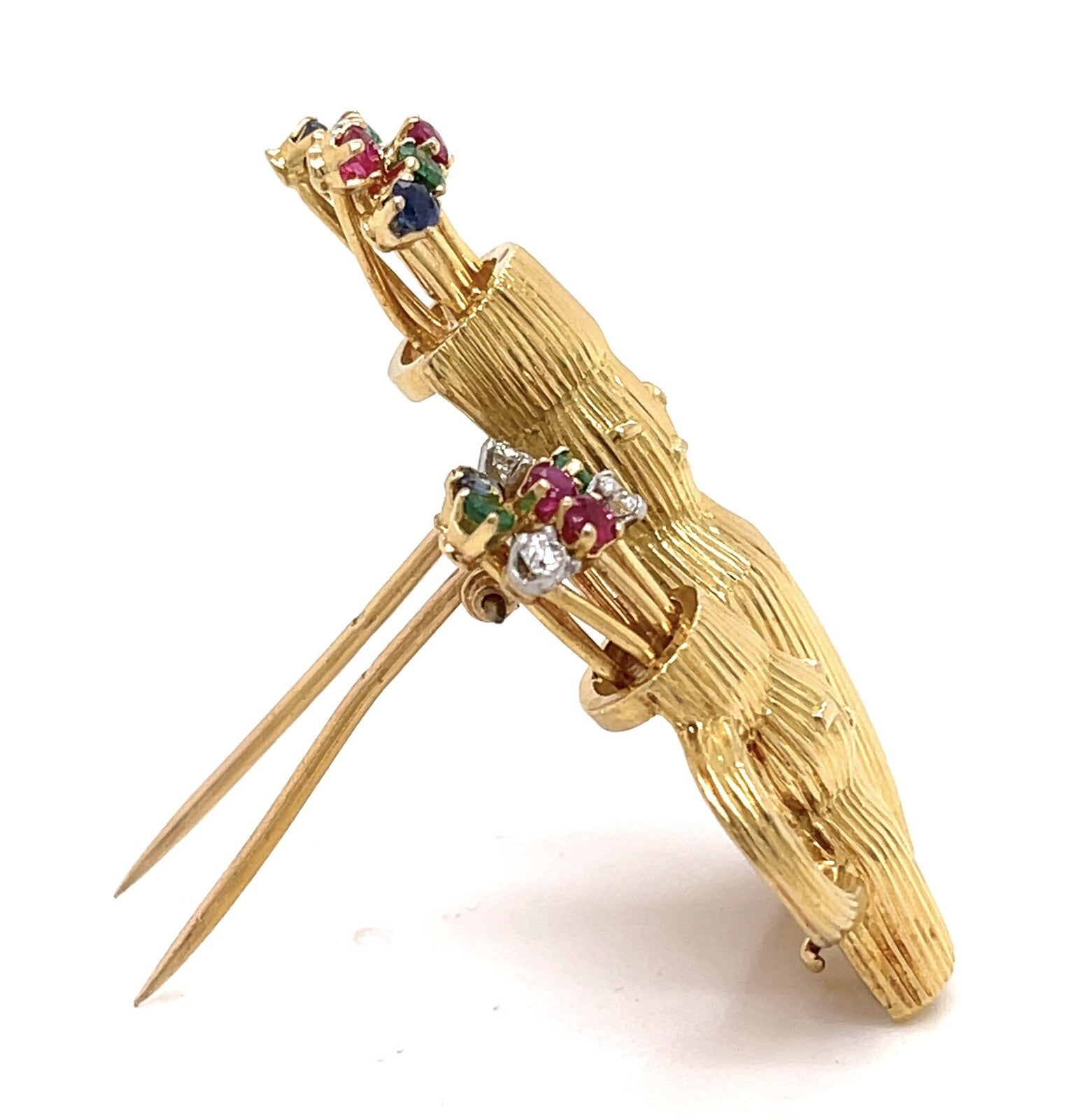 18K Gold Double Golf Bag Brooch with Multicolored Gemstones