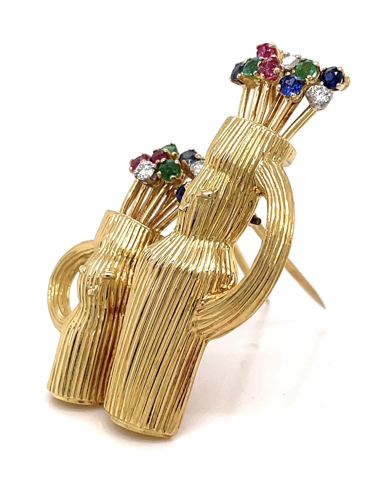 18K Gold Double Golf Bag Brooch with Multicolored Gemstones