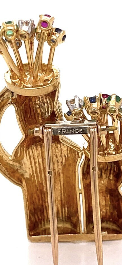 18K Gold Double Golf Bag Brooch with Multicolored Gemstones