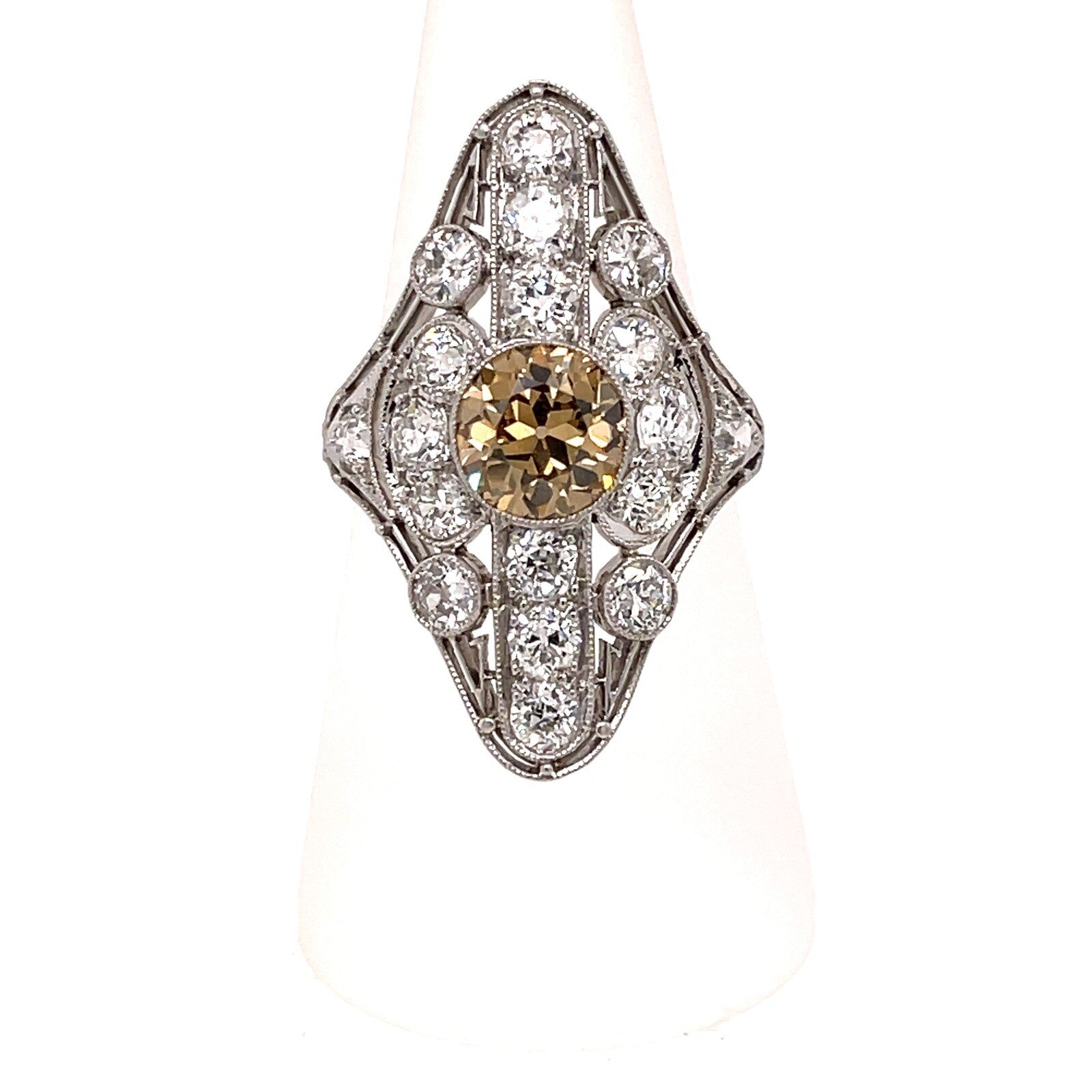 Vintage Platinum Yellow Diamond Dinner Ring Size 7