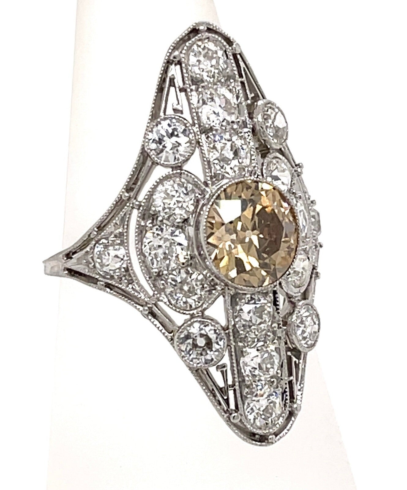 Vintage Platinum Yellow Diamond Dinner Ring Size 7