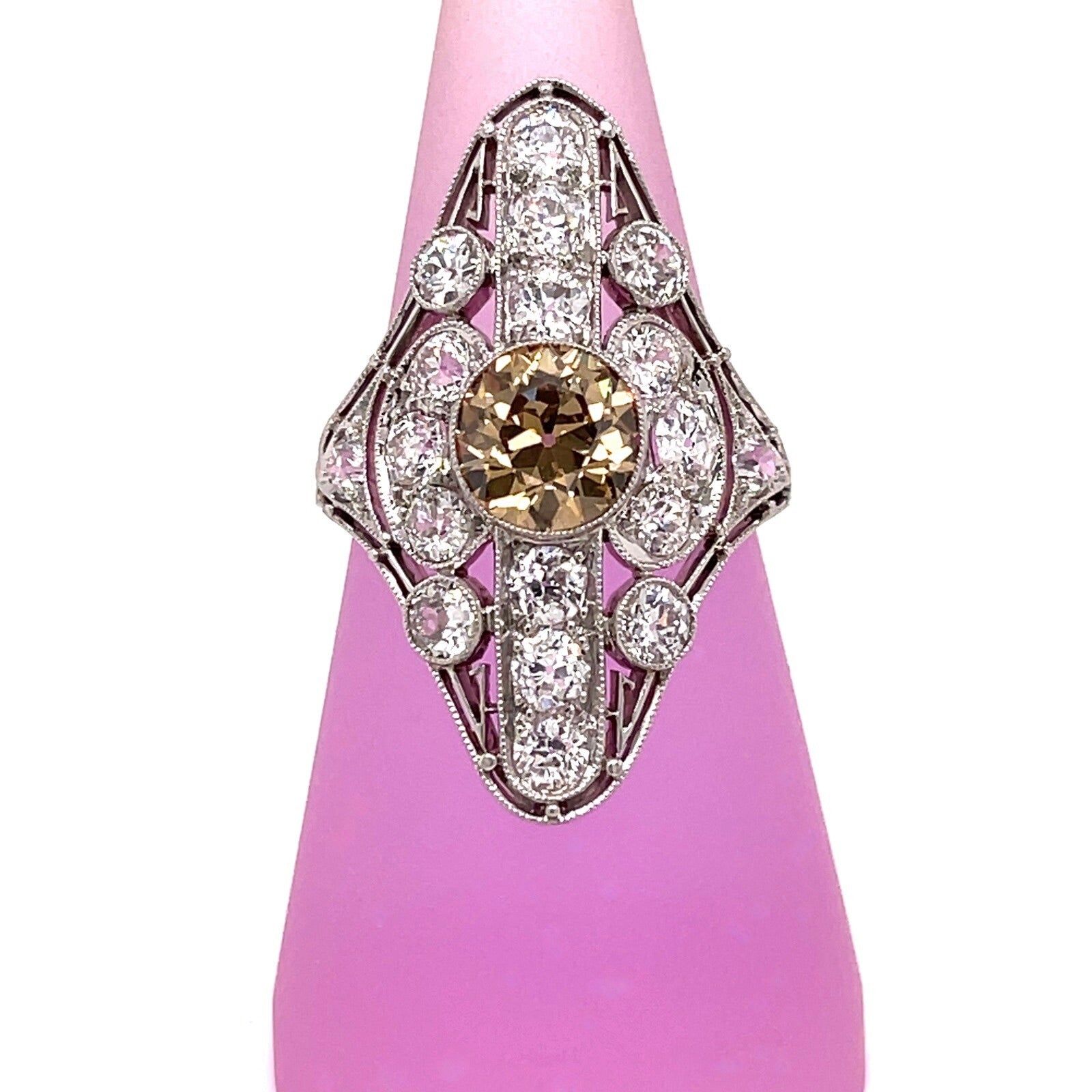 Vintage Platinum Yellow Diamond Dinner Ring Size 7