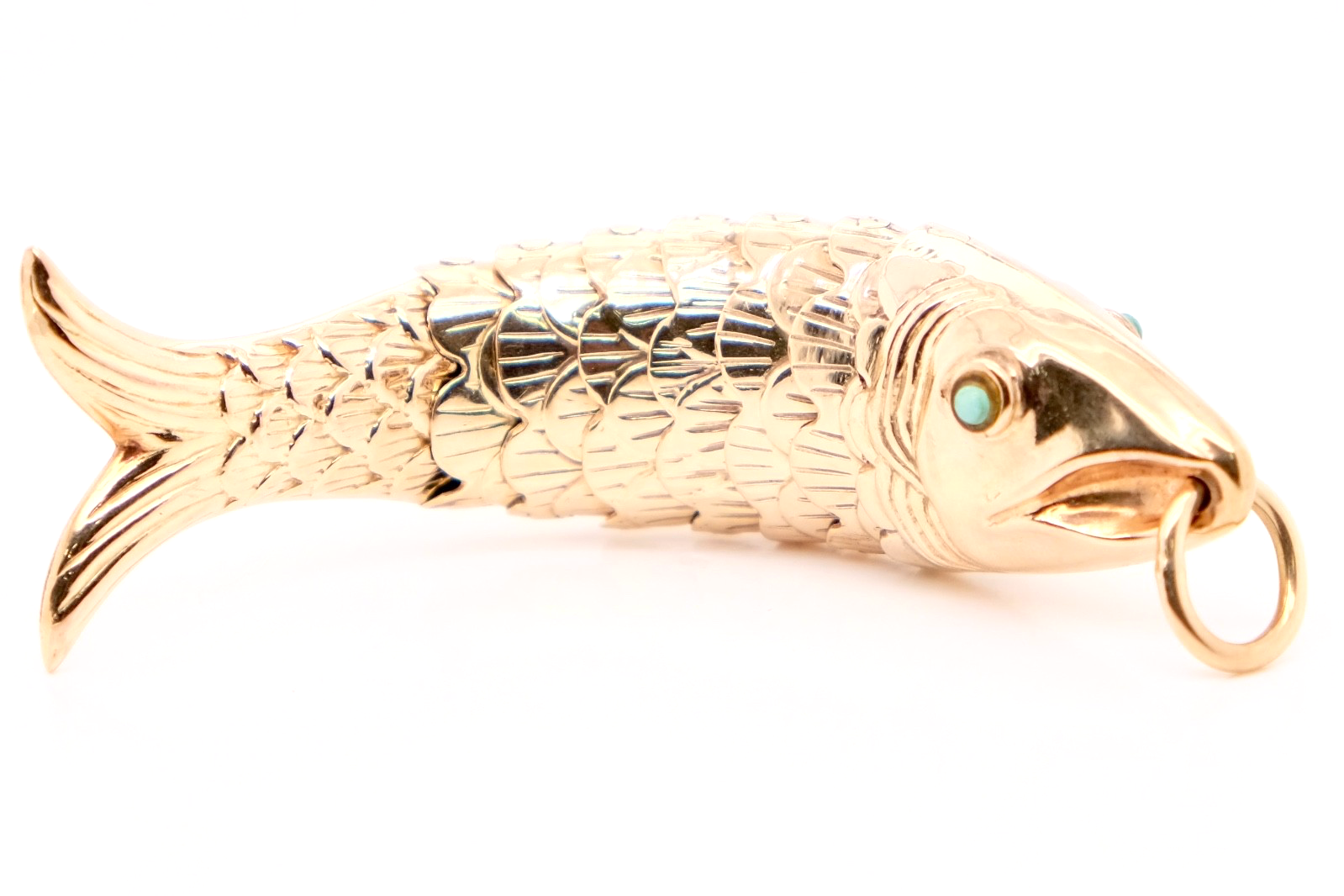 14K Gold Articulated Fish Pendant Turquoise Eyes