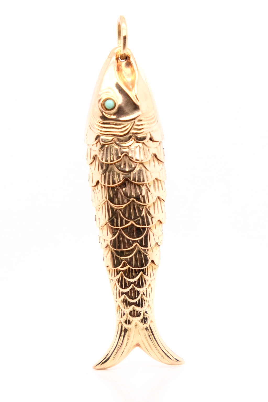 14K Gold Articulated Fish Pendant Turquoise Eyes
