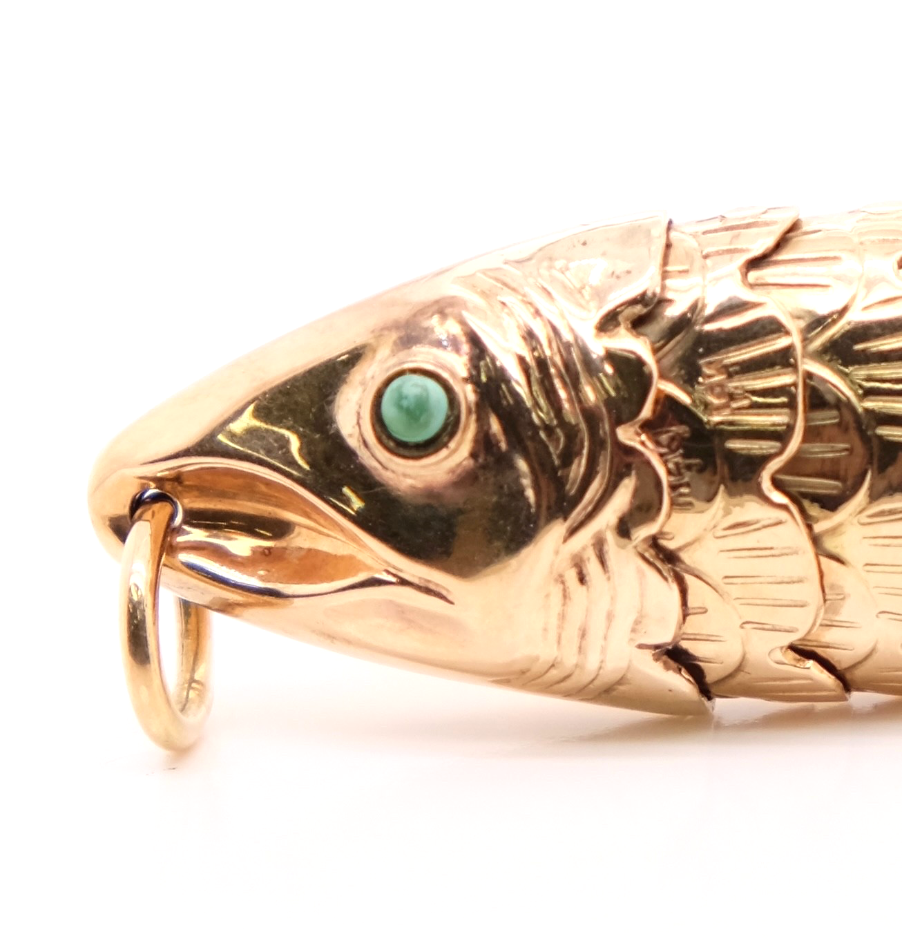 14K Gold Articulated Fish Pendant Turquoise Eyes