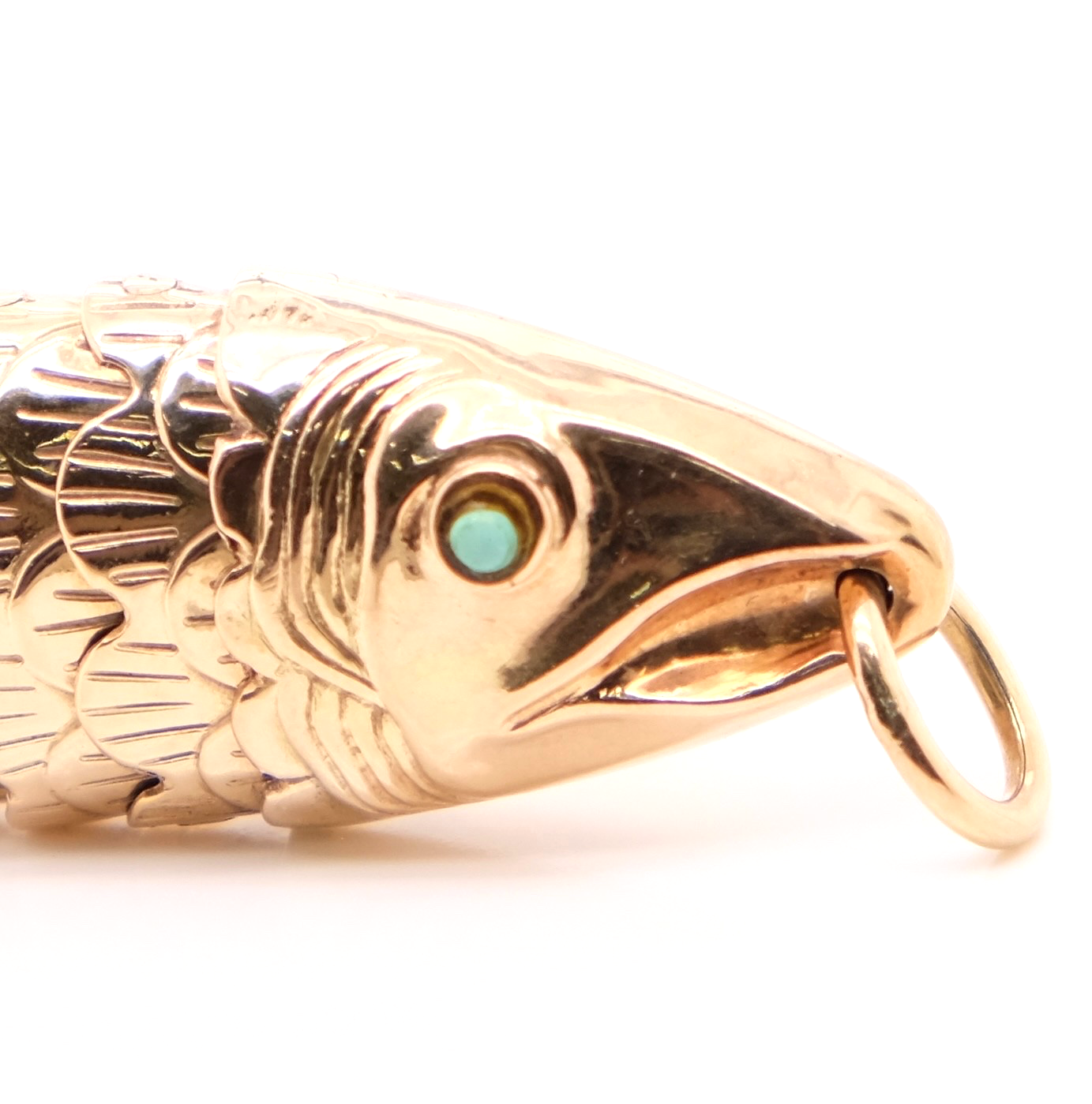 14K Gold Articulated Fish Pendant Turquoise Eyes