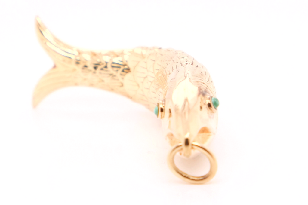 14K Gold Articulated Fish Pendant Turquoise Eyes