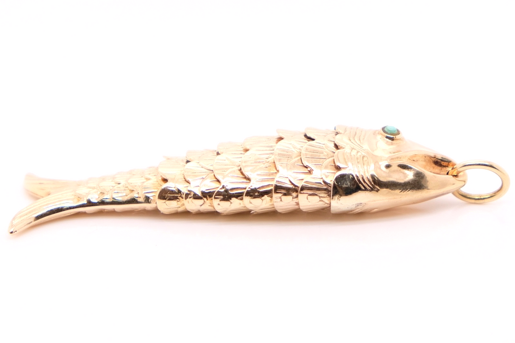 14K Gold Articulated Fish Pendant Turquoise Eyes