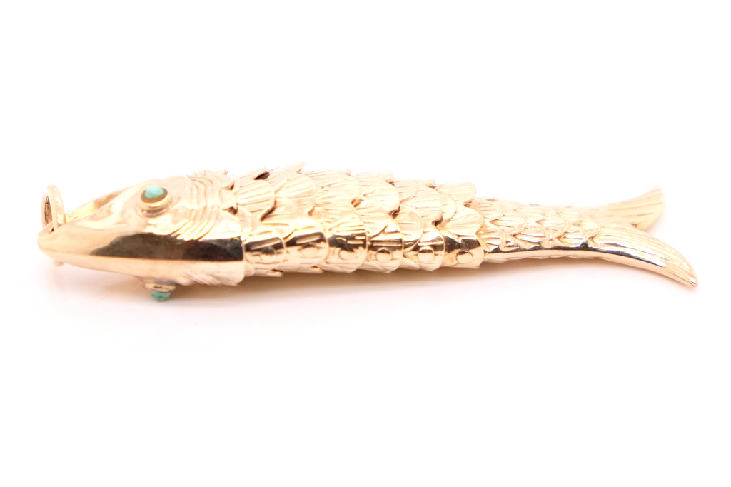 14K Gold Articulated Fish Pendant Turquoise Eyes
