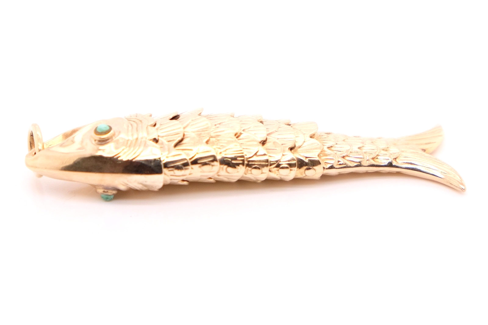 14K Gold Articulated Fish Pendant Turquoise Eyes