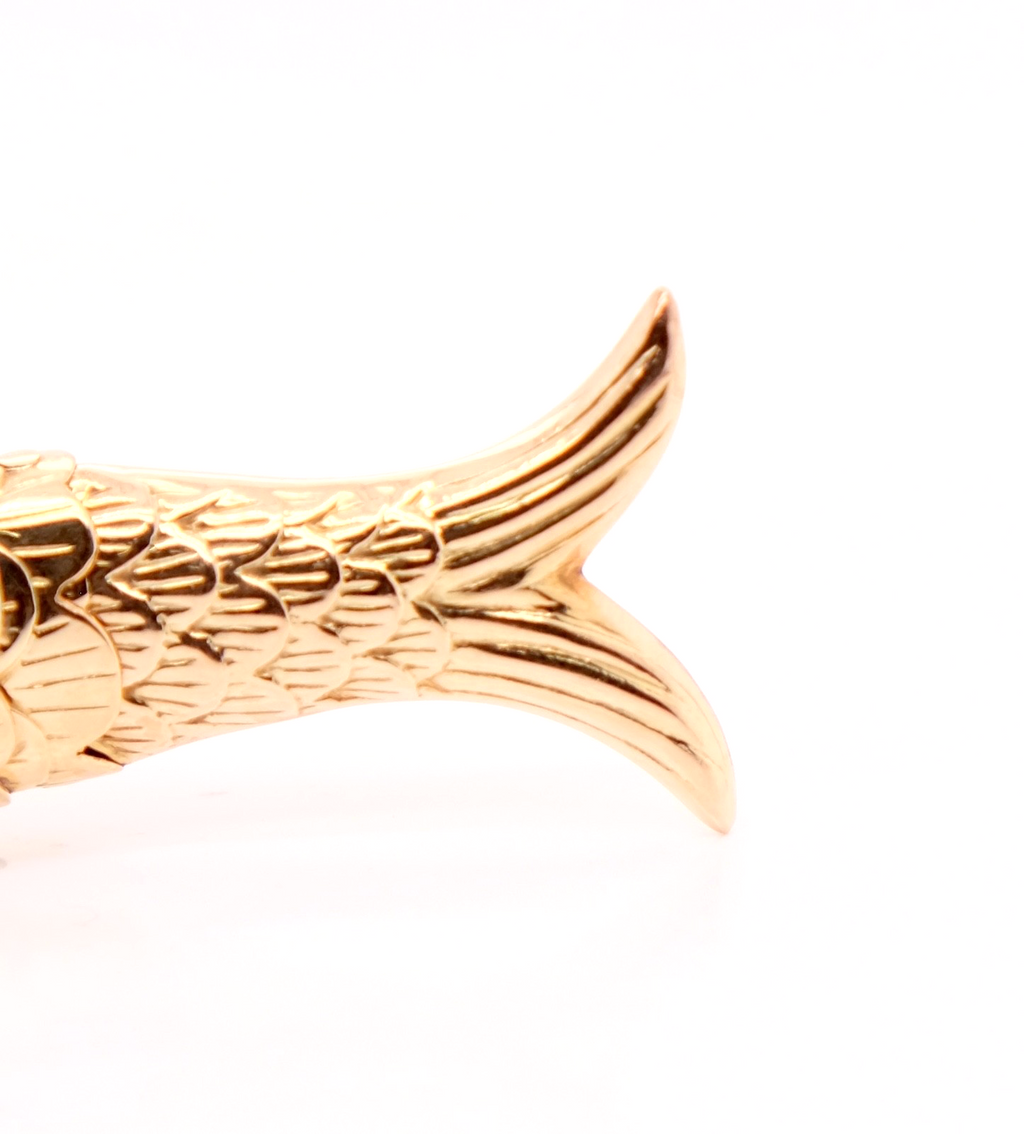 14K Gold Articulated Fish Pendant Turquoise Eyes