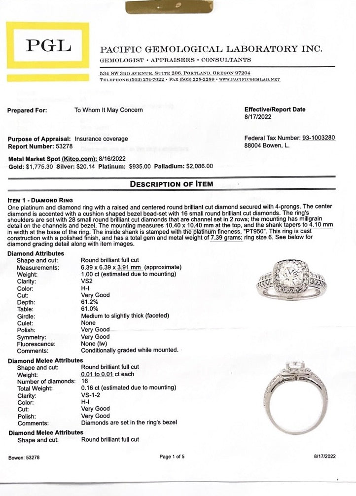 Platinum Engagement Ring with 1.0 ct H/I-VS2 Center Diamond Size 6